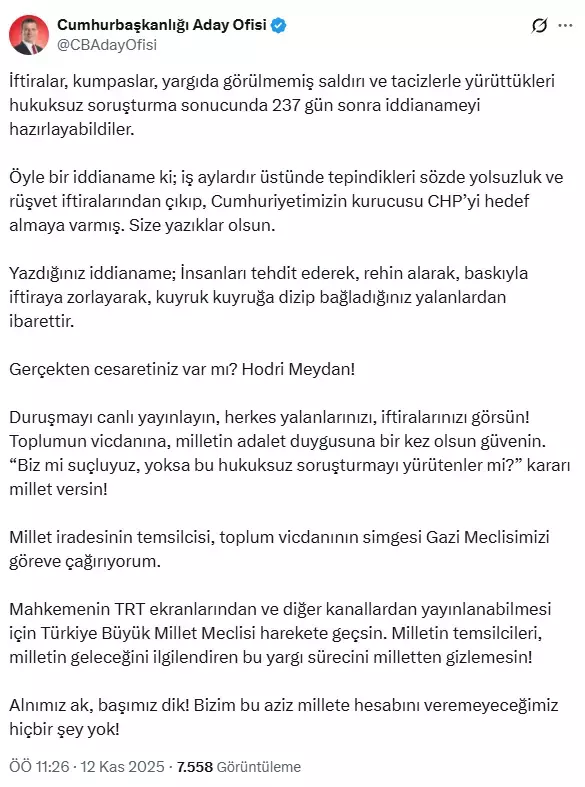 İmamoğlu'ndan İBB iddianamesine ilk tepki: Duruşmalar canlı yayınlansın