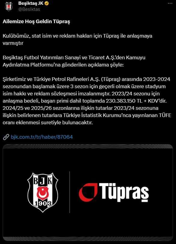 Son Dakika: Beşiktaş, stadyum isim sponsorluğu için Tüpraş ile anlaşmaya vardı