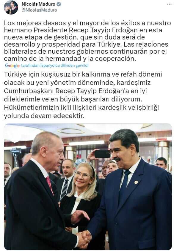 Venezuela Devlet Başkanı Maduro, Cumhurbaşkanı Erdoğan'ı tebrik etti