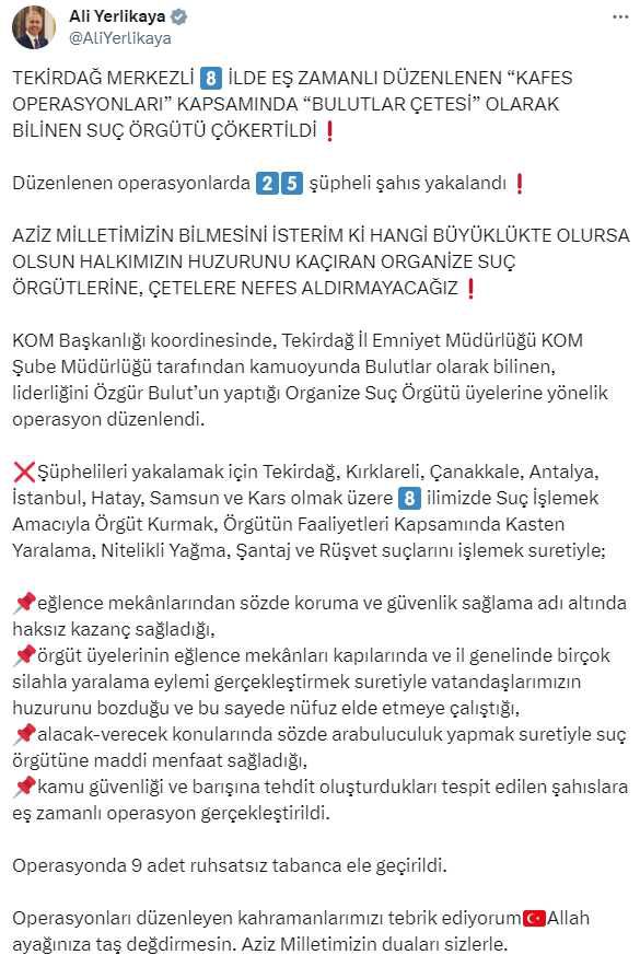 Son Dakika! 8 ilde eş zamanlı düzenlenen operasyonla Bulut Çetesi çökertildi, 25 şüpheli yakalandı