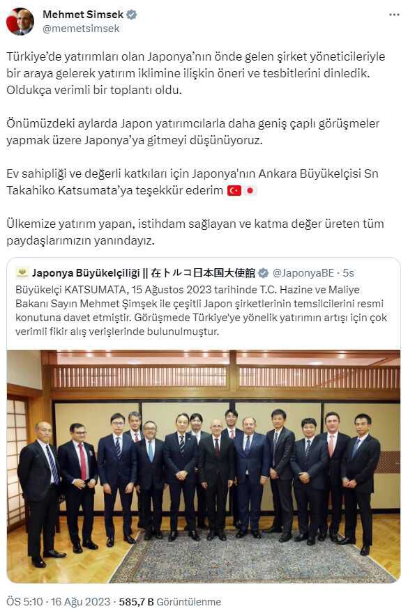 Hazine ve Maliye Bakanı Mehmet Şimşek, Japonya'nın Ankara Büyükelçisi ve Japon şirket yöneticileriyle bir araya geldi