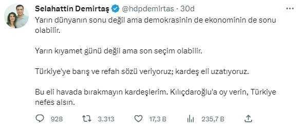 Seçime saatler kala Demirttaş'tan dikkat çeken paylaşım: Yarın son seçim olabilir