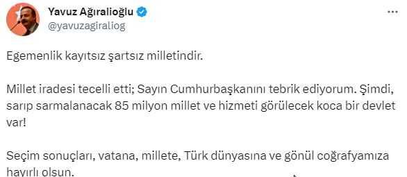 Seçim sonuçlarına Yavuz Ağıralioğlu'ndan ilk yorum: Millet iradesi tecelli etti, Cumhurbaşkanını tebrik ediyorum