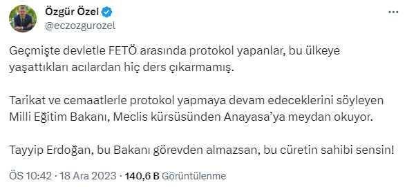 Özgür Özel: Erdoğan, Milli Eğitim Bakanı'nı görevden almazsan bu cüretin sahibi sensin