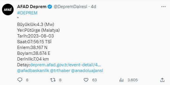 Malatya'da deprem mi oldu? Pütürge deprem büyüklüğü ne kadar, kaç şiddetinde? AFAD ve Kandilli verileri!