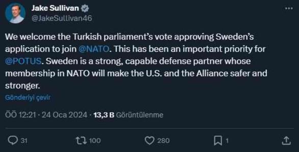 İsveç'in NATO üyeliğinin TBMM'de kabul edilmesiyle ilgili ABD Büyükelçisi Flake'ten açıklama