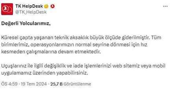 THY: Küresel çapta yaşanan teknik aksaklık büyük ölçüde giderildi