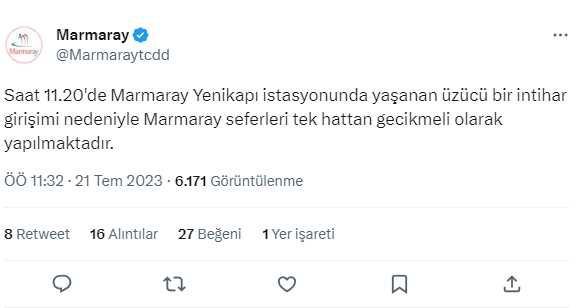 Marmaray'da intihar girişimi! Seferler gecikmeli yapılıyor