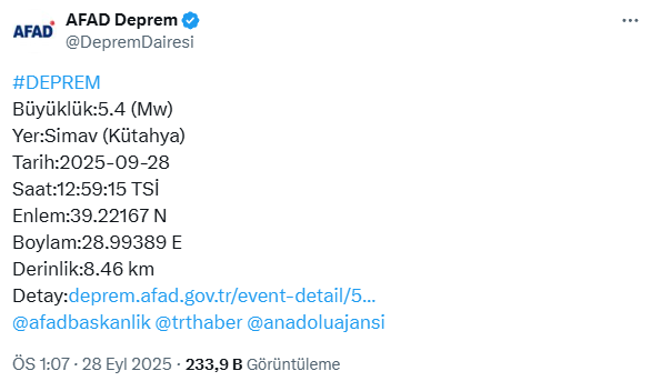 Kütahya'da 5.4 büyüklüğünde deprem! İstanbul ve İzmir'de de hissedildi