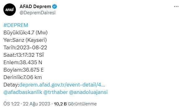 Son Dakika! Kayseri'de 4.7 büyüklüğünde deprem