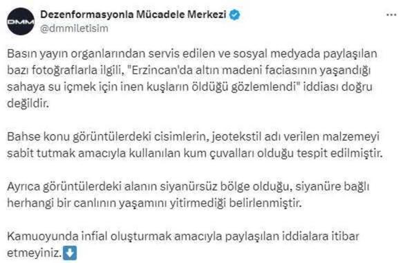 Dezenformasyonla Mücadele Merkezi 'İliç'teki siyanür havuzunda kuşlar ölüyor' iddiasını yalanladı