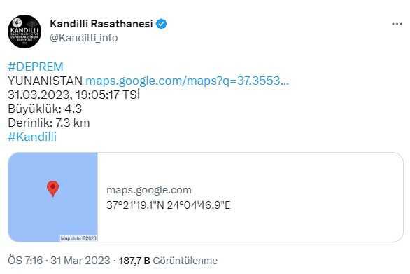 Ege Denizi'nde 4,7 büyüklüğünde deprem