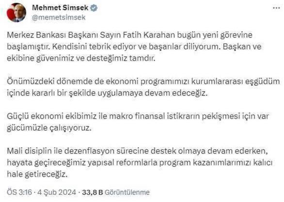 Şimşek'ten Merkez Bankası Başkanı Karahan'ın göreve başlamasıyla ilgili ilk açıklama