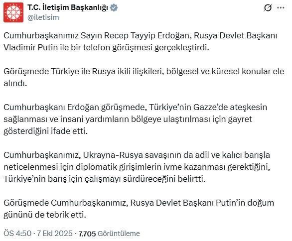 Erdoğan ile Putin arasında telefon görüşmesi! Doğum gününü kutladı