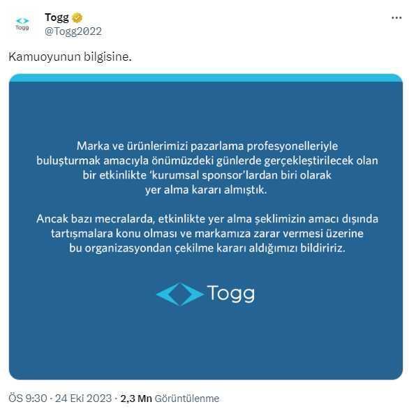 Togg, tepkiler sonrası Fatih Altaylı'nın da yer aldığı etkinliğin sponsorluğundan çekildi