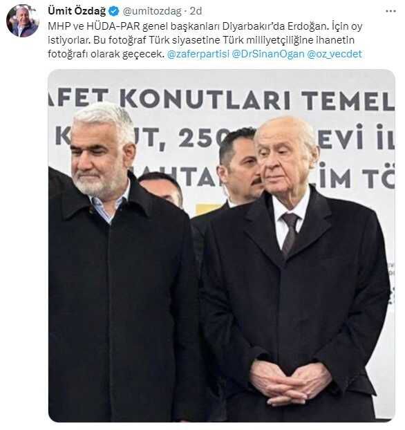 Ümit Özdağ'dan Bahçeli ve Yapıcıoğlu'na tepki: Türk milliyetçiliğine ihanetin fotoğrafı olarak tarihe geçecek