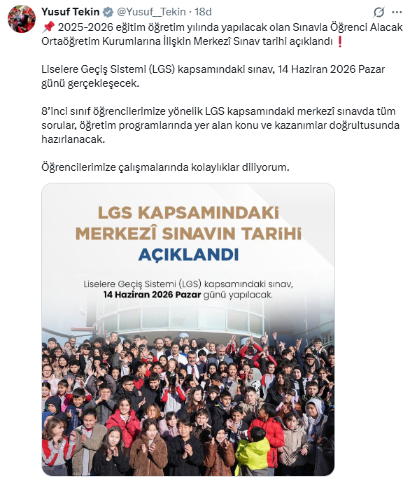 LGS kapsamında merkezi sınav 14 Haziran 2026 Pazar günü gerçekleştirilecek