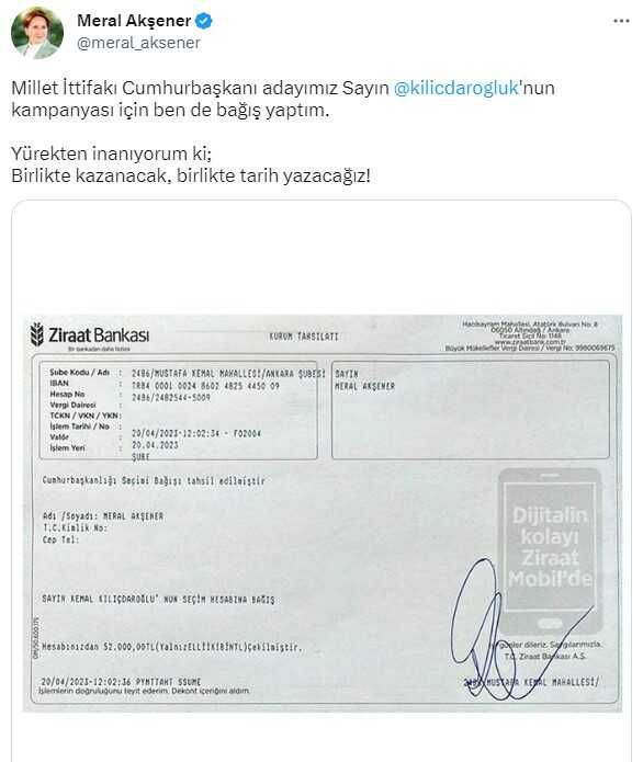 Akşener'den Kılıçdaroğlu'nun kampanyasına bağış