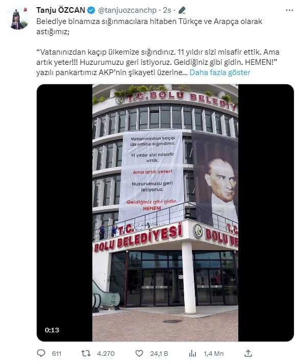 Bolu Belediyesi'nin sığınmacı pankartı seçim yasaklarına aykırı bulundu