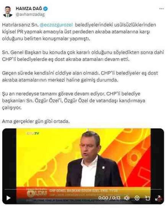 Özel'in 'Belediyelerimizde akraba ataması yok' sözlerine AK Parti cephesinden yanıt: Özel, vatandaşı kandırıyor