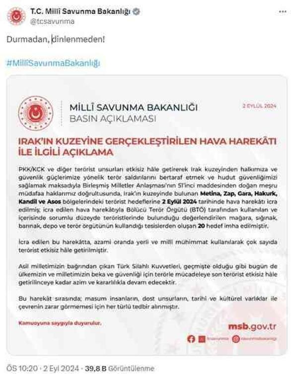 TSK'dan Kuzey Irak'a hava harekatı: 20 terör hedefi imha edildi