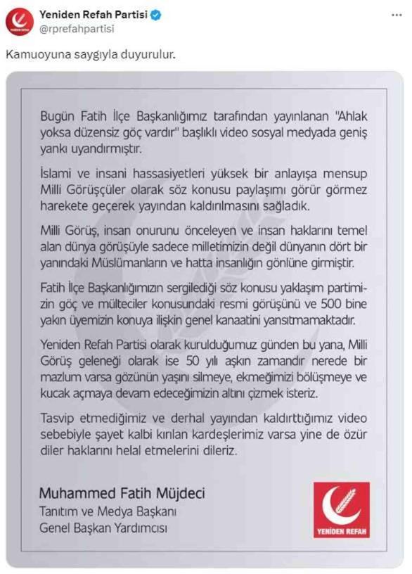 Yeniden Refah, Fatih adayı Özkarataşlıoğlu'nun göçmenleri hedef alan paylaşımı için özür diledi