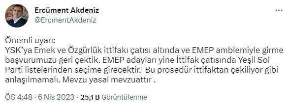 YSK'ya EMEP'ten Seçim İttifakı Değişikliği Başvurusu