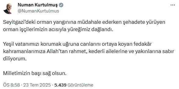 Cumhurbaşkanı Erdoğan'dan 10 orman şehidi için taziye mesajı