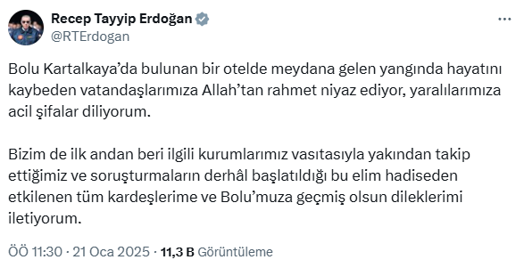 Erdoğan: Olayı ilk andan beri takip ediyoruz, yangınla ilgili derhal soruşturma başlatıldı