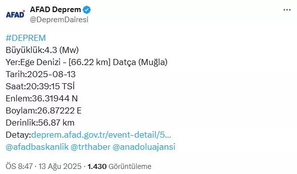 Muğla Datça açıklarında 4.3 büyüklüğünde deprem