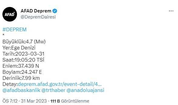 Ege Denizi'nde 4,7 büyüklüğünde deprem