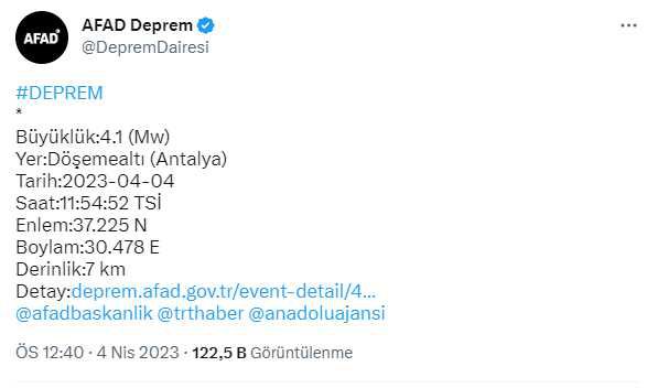 Antalya'da 4.1 büyüklüğünde deprem