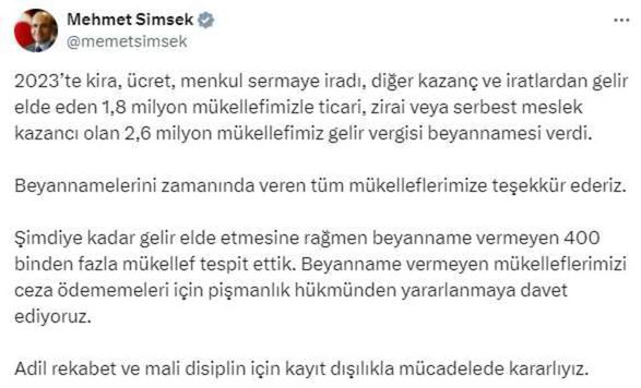 Bakan Şimşek: Gelir elde etmesine rağmen beyanname vermeyen 400 binden fazla mükellef tespit ettik