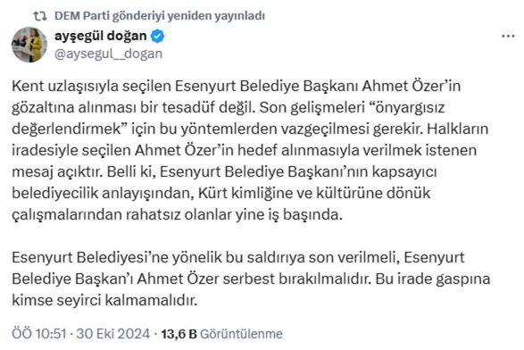 Ahmet Özer'in gözaltına alınmasıyla ilgili bir açıklama da DEM Parti'den geldi