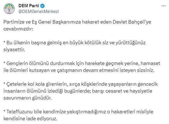 DEM Parti'den Bahçeli'ye 4 maddelik yanıt: Bu ülkenin başına gelmiş en büyük kötülük siz ve yürüttüğünüz siyasettir