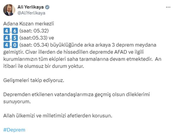 Adana'da art arda 3 deprem! Vatandaşlar panikle kendini sokaklara attı