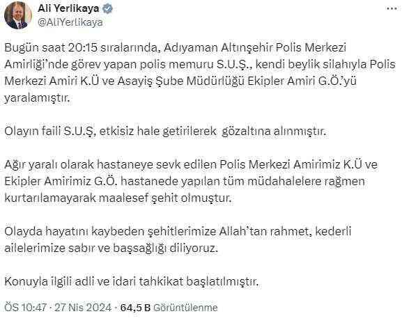 Adıyaman'da bir polis, karakolda meslektaşlarına silahla ateş açtı: 2 polis şehit oldu