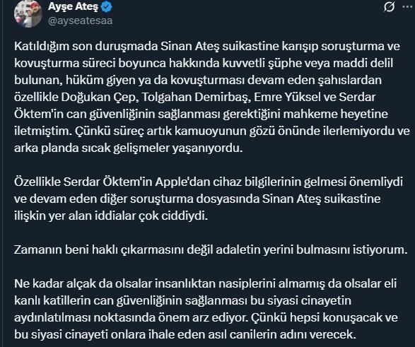 Sinan Ateş davasının kilit ismine yönelik saldırı sonrası Ayşe Ateş'ten dikkat çeken ilk yorum