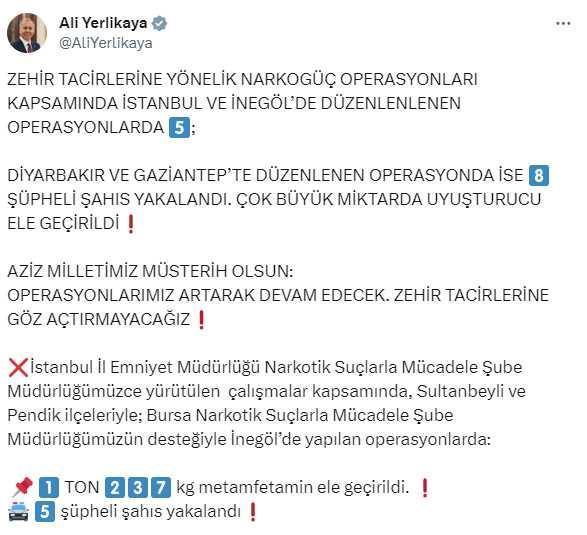 İçişleri Bakanı Yerlikaya: NARKOGÜÇ operasyonları kapsamında 13 şüpheli şahıs yakalandı