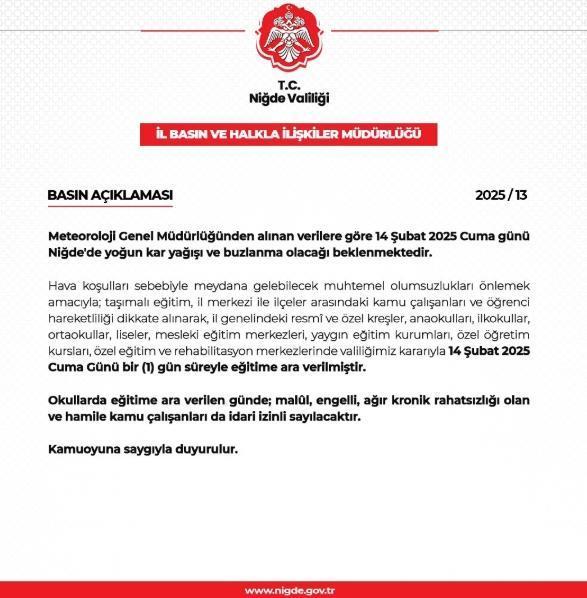 Niğde okullar tatil mi SON DAKİKA? 14 Şubat Cuma Niğde okul yok mu (Niğde Valiliği Açıklaması – KAR TATİLİ)?