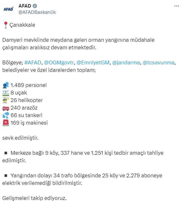 AFAD: Çanakkale'deki yangına bin 489 personel, 8 uçak, 26 helikopter sevk edildi