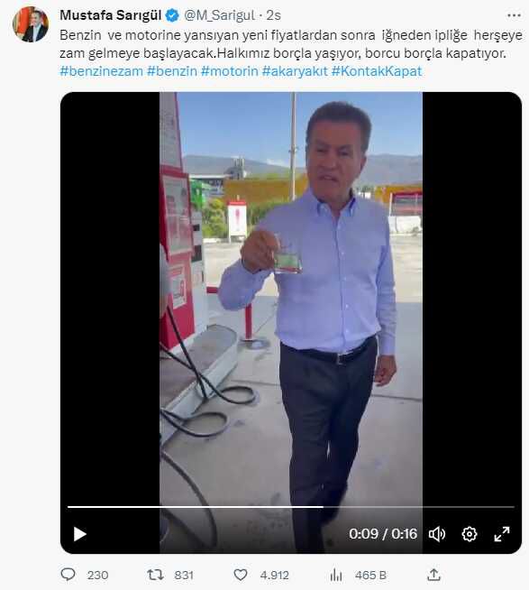 Sarıgül'den akaryakıta ÖTV zammına videolu tepki: Bir bardak benzin olmuş 10 TL