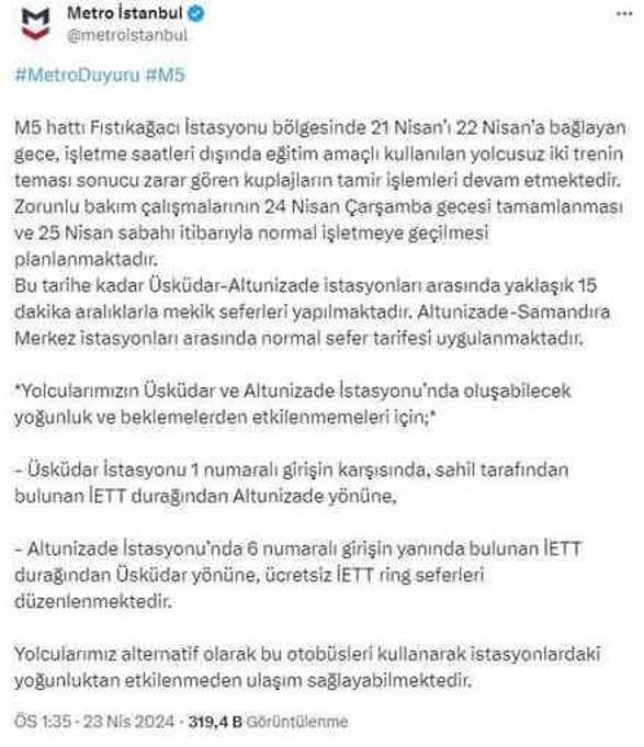 Üsküdar-Samandıra Metrosu'ndaki arıza 50 saattir çözülemedi