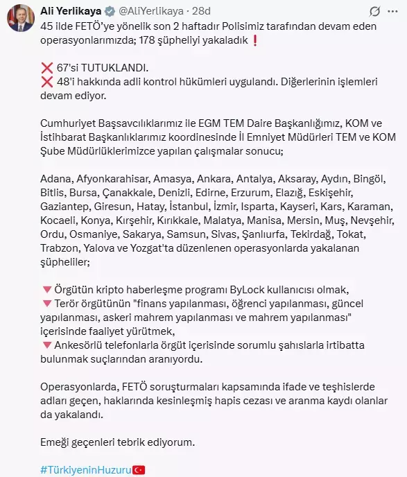 45 ilde dev FETÖ operasyonu! 178 şüpheli yakalandı, 67'si tutuklandı