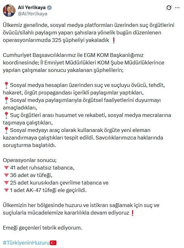 Sosyal medyadan suç örgütlerini övenlere operasyon: 325 kişi yakalandı