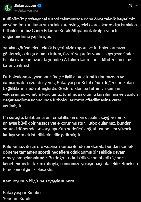 Kadro dışı bırakılan Caner Erkin ve Burak Altıparmak affedildi