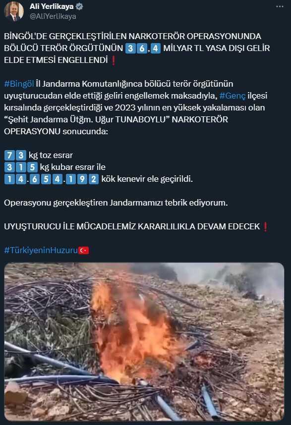 Bakan Yerlikaya: Bölücü örgütünün 36,4 milyar Türk lirası yasa dışı gelir elde etmesi engellendi'