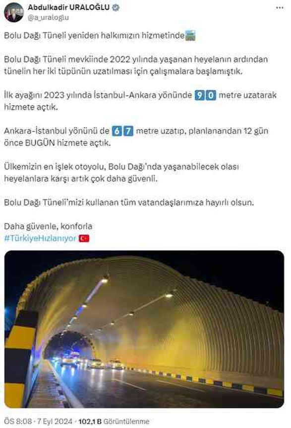 Bolu Dağı Tüneli, Ankara-İstanbul istikameti hizmete açıldı