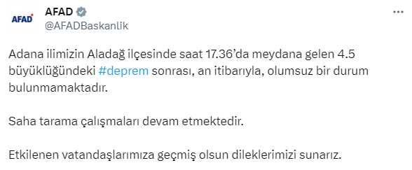 Son Dakika: Adana'da 4.5 büyüklüğünde deprem meydana geldi