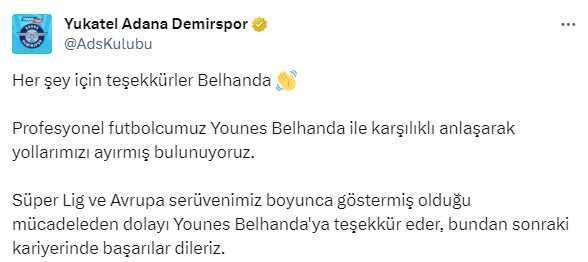Başkan Sancak 'Hiçbir yere gitmeyecek' demişti! Adana Demirspor Belhanda ile yolları resmen ayırdı
